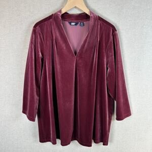 Lands End Womens Velour Top Size 2X Vneck Stretch Velvet Shimmer Soft Valentines